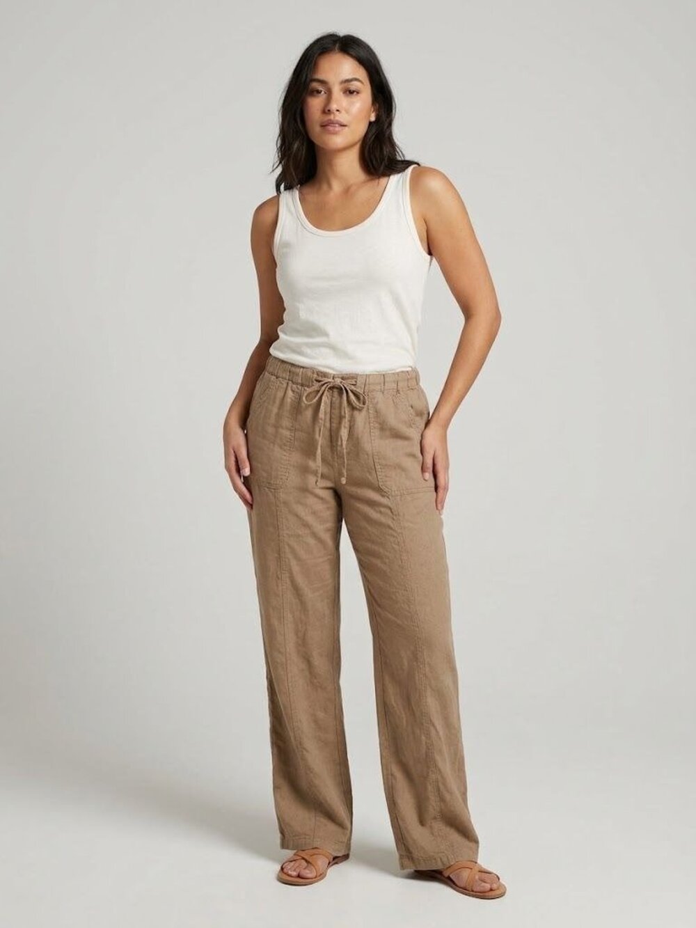 New York & Company Womens Linen-Blend Drawstring Khaki Pants Size M Wide Leg